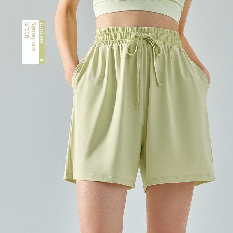 

Elastic Ice Silk Summer Exercise Shorts Women s Boot-Cut Quick-Drying Loose Fifth Wide-Leg Pants Fitness Sun Protection Running Shorts Spring rain Green M