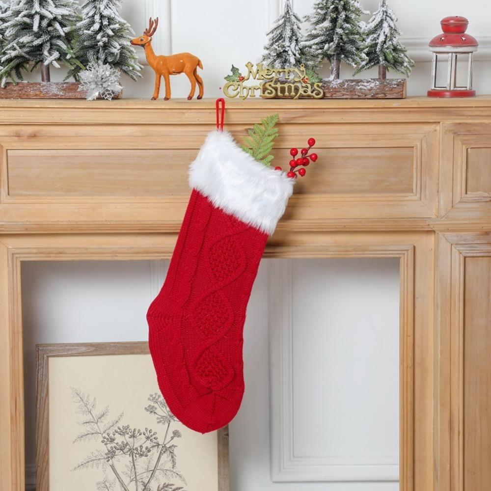 Large Size Knitted Christmas Stocking With Fluff Christmas Tree Ornaments Christmas Gift Bag  Kids
