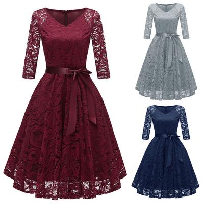 Damen Vintage Prinzessin Blumenspitze Cocktail V-Ausschnitt Party Aline Swing Kleid