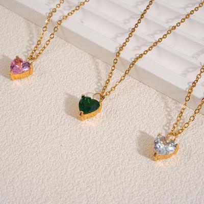 French Retro Heart-Shaped Zircon Pendant Necklace - Luxurious Stainless Steel Accessory for Women