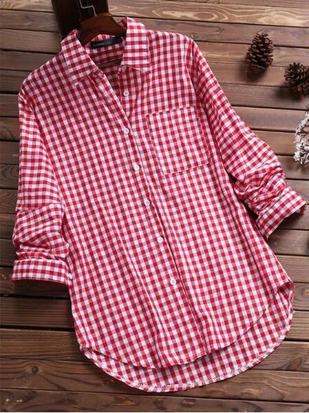 Large Quantities In Stock, Women's Ebay Loose Plaid Lapel Neck Long-sleeved Pocket Shirt.