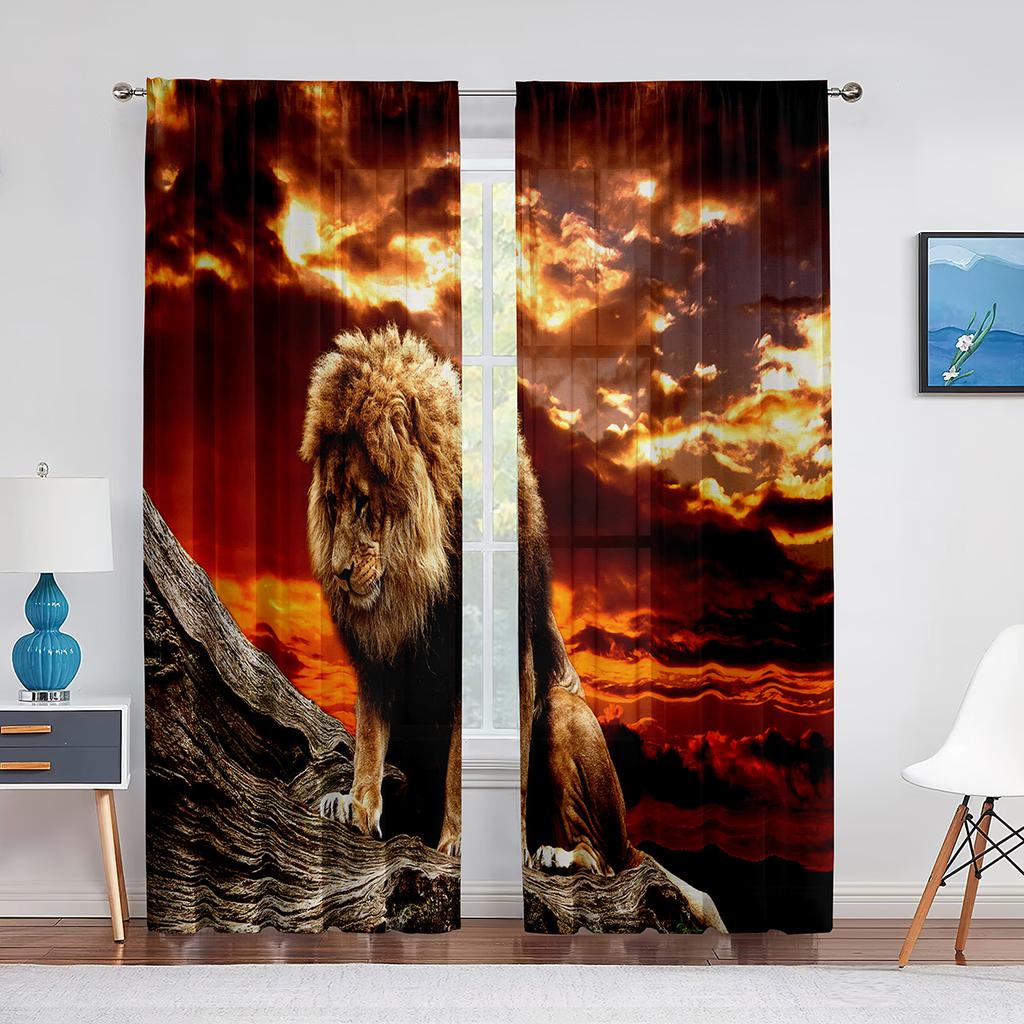Löwenpaar Landschaftsmalerei Wolken Wildtiere Transparente Vorhänge für Wohnzimmer Schlafzimmer Küchendekor Fenstervoiles Tüllvorhang