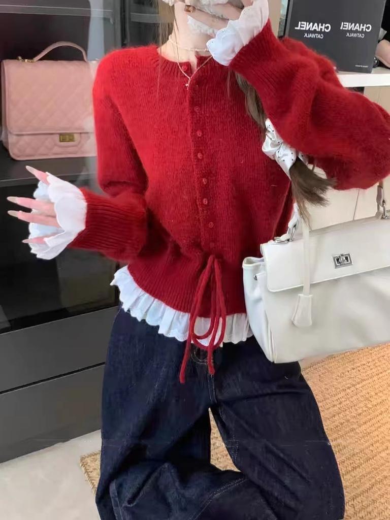 Red lace splicing sweater women's autumn and winter design waist knitted cardigan small short top