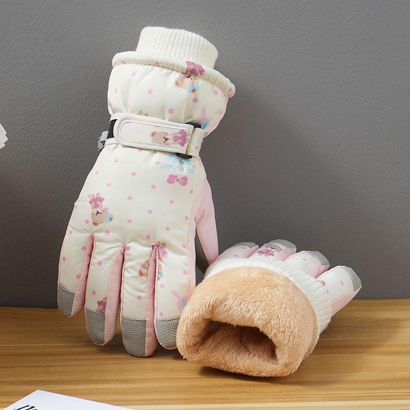 Bären-Skihandschuhe, Winter-Touchscreen-Damenhandschuhe, Cartoon-Druck, Koreanischer Thermo-Samt, Verdickte Handschuhe