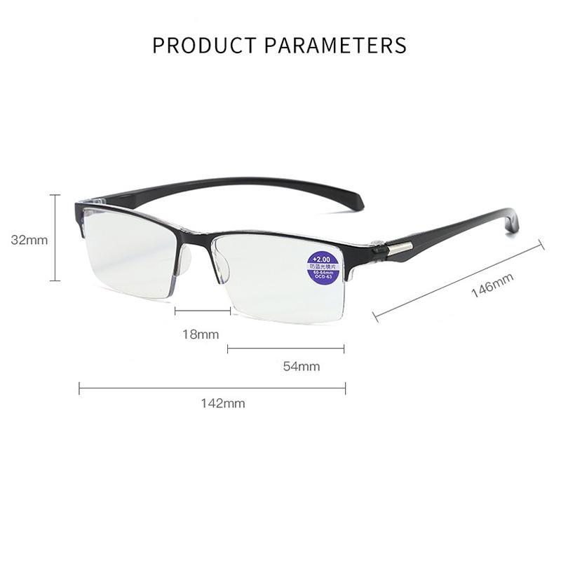 Half Frame Eyeglasses Anti Blue Light Metal Black Reading Glasses for Men Fashionable Business Computer Classic Reading Glasses