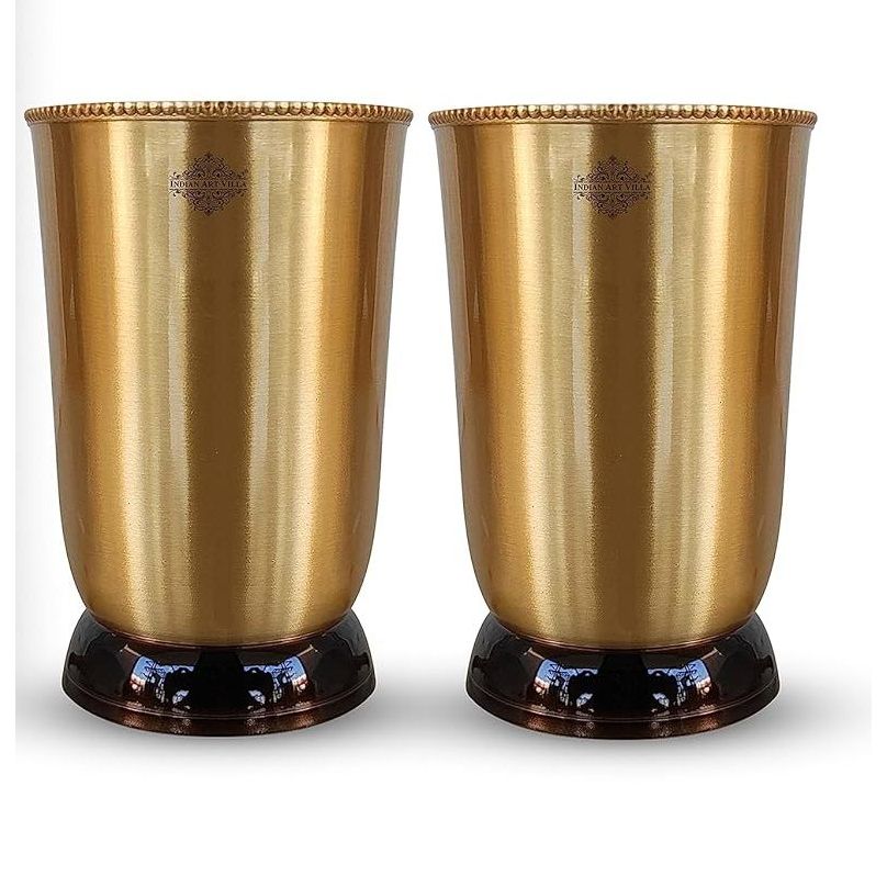 Pure Brass Matt Finish Glass/Tumbler with Black Bottom, Serveware & Drinkware, Ayurveda Healing, Volume-270 ML, 2 Piece