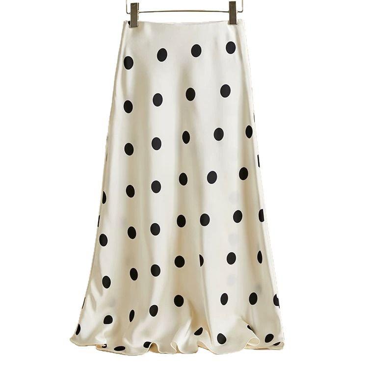 Dámská retro saténová sukně střední délky s puntíky a rybím ocasem - Kolekce léto 2025