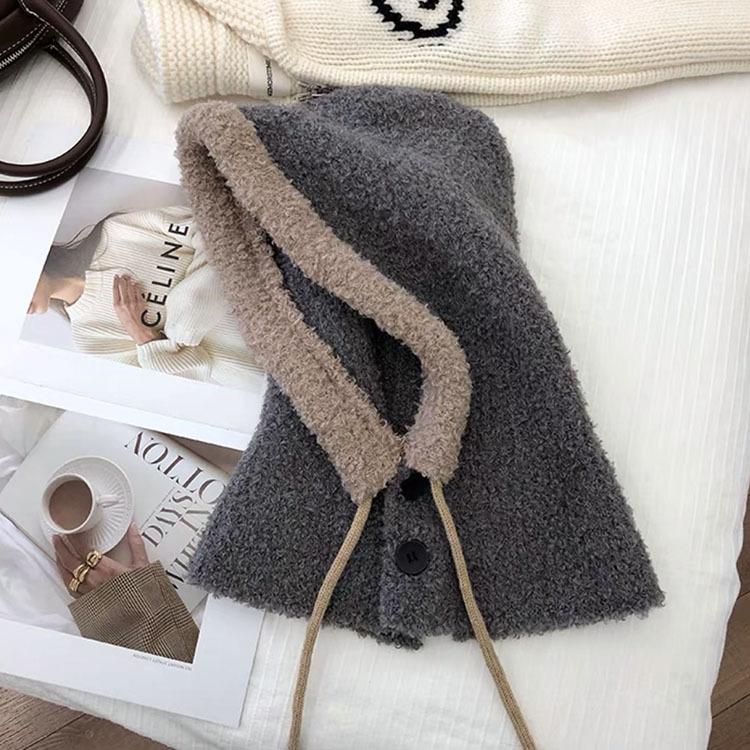 Two-color Spliced Plush Balaclava Hat Women's Winter Drawstring Warm Windproof Ear Protector Neck Pullover Hat
