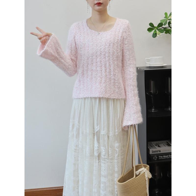 Autumn and winter new plush soft waxy short knitted sweater top sweet gentle wind long sleeve sweater pullover woman