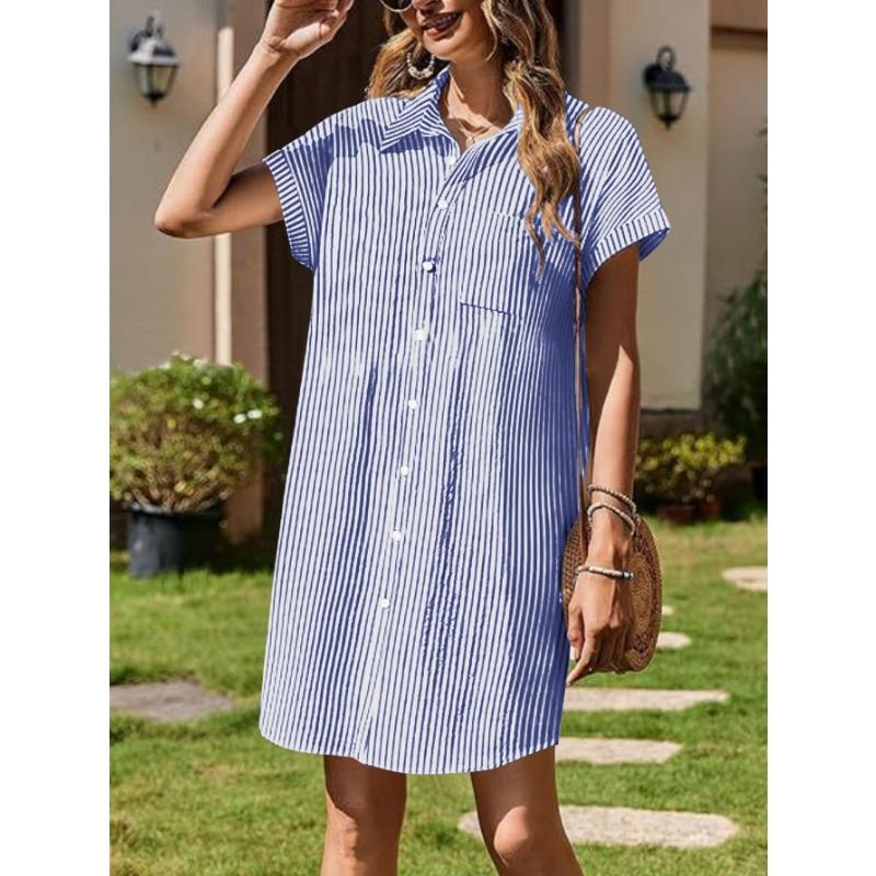 

Полосатое платье-рубашка Элегантное платье средней длины с короткими рукавами XXL синий