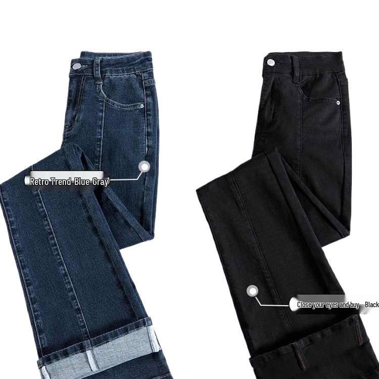 Women's High-Waist Skinny Micro-Flare Jeans - Spring/Autumn Fashion, Stretch, Blue-Gray, Fleece-Lined.