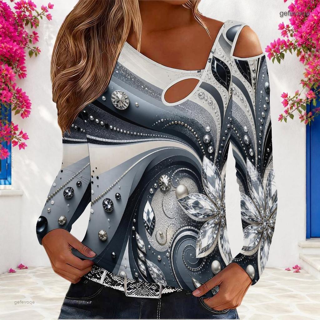 Women Plus Size Asymmetric Cutout Neck Cold Shoulder Long Sleeve Black Gold Printed Fitted Top