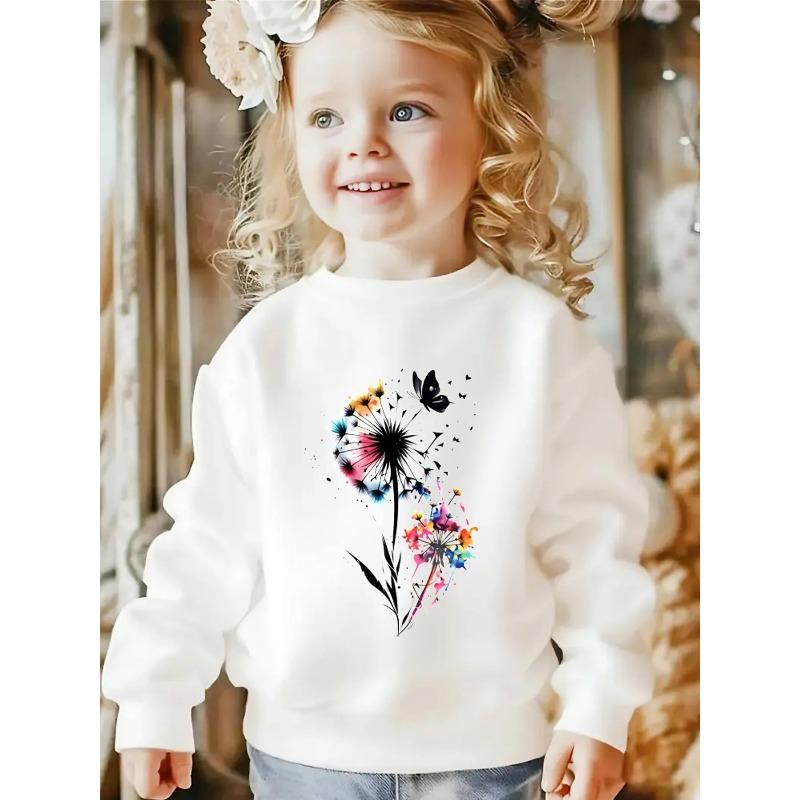 Kids Girls Crewneck Sweatshirt, Watercolor Rainbow Dandelion And Black Butterfly Print Soft Fleece Pullover