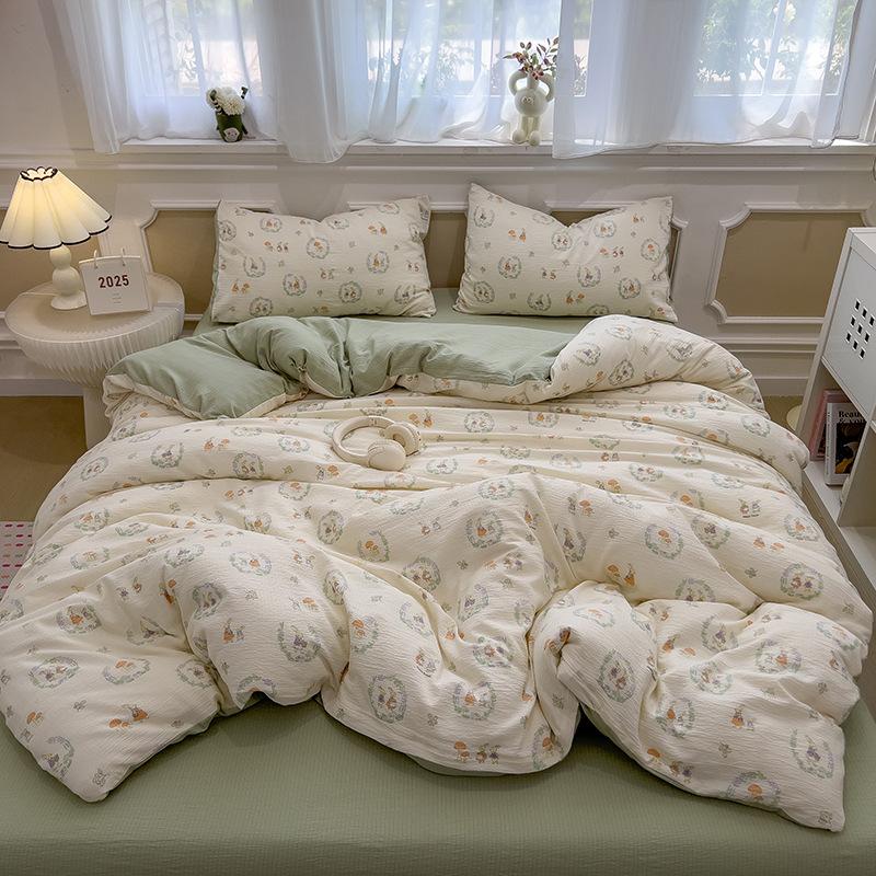 Cream Wind Double Yarn Bedding Four-piece Set Skin-friendly Breathable Washed Sheets Quilt Cover Pillowcase