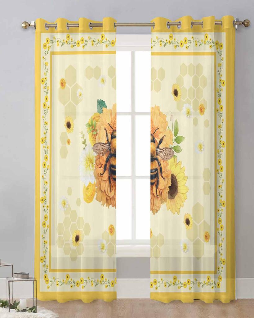 Blume Biene Tier Bienenstock Gelb Transparente Vorhänge zur Wohnzimmerdekoration Fenstervorhänge für die Küche Tüll Voile Organza Vorhänge