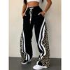 Women's Striped Leopard Print Casual Fake Drawstring Pocket Pants