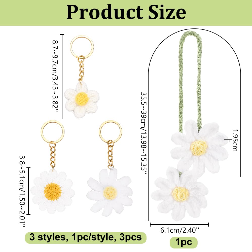 PH PandaHall Set Crochet Daisy Car Accessories Cotton Flower Keychain Rearview Mirror Charm Car Interior Decoration Bag Pendant Gift Set 4-Piece