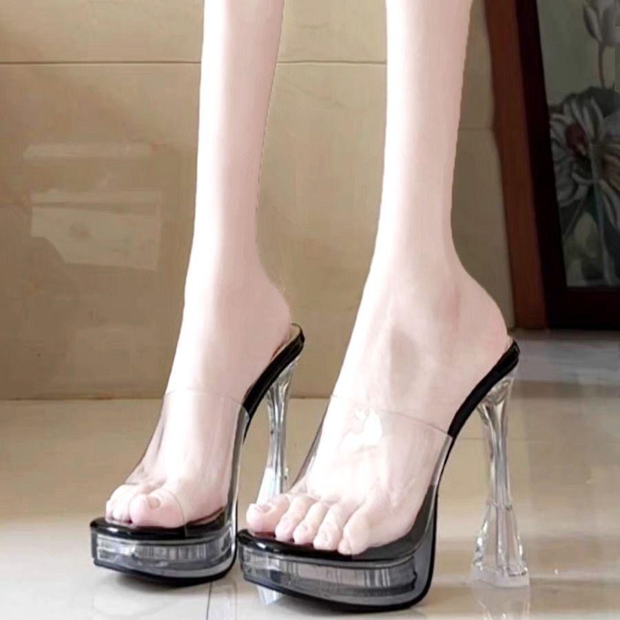 Super High Heels Thick Heels Catwalk Shoes New Small Transparent Crystal Pole Dancing Women's Shoes One Word with Sandals