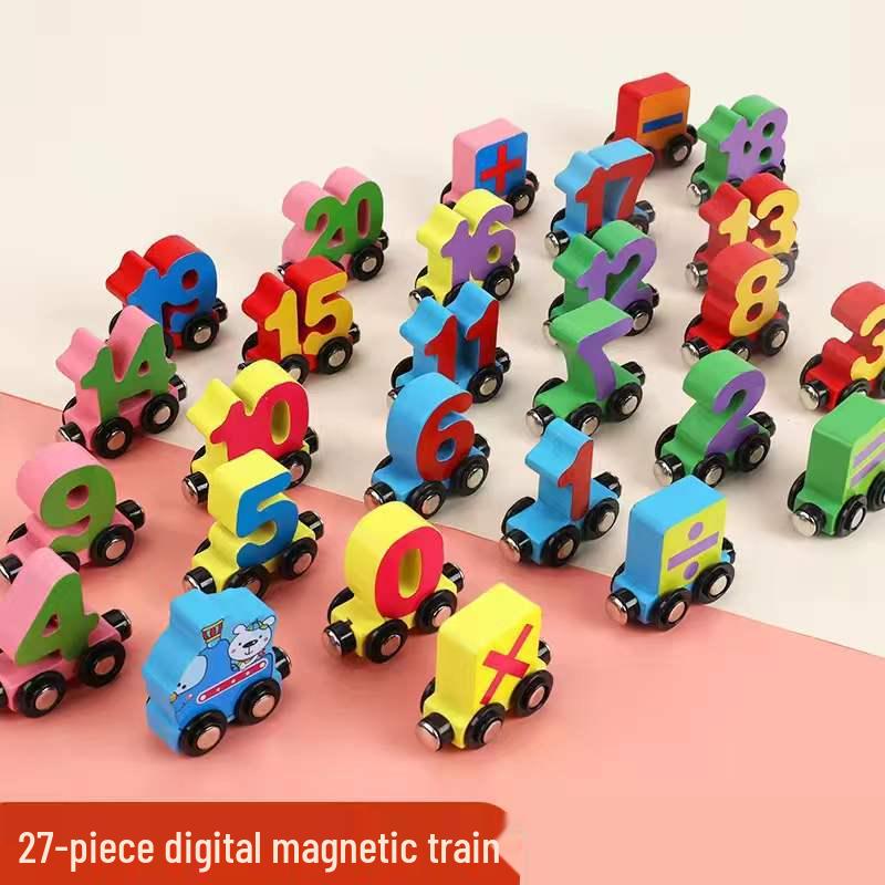 Wooden Magnetic Number Train for Kids - Pull-Along Block Toy