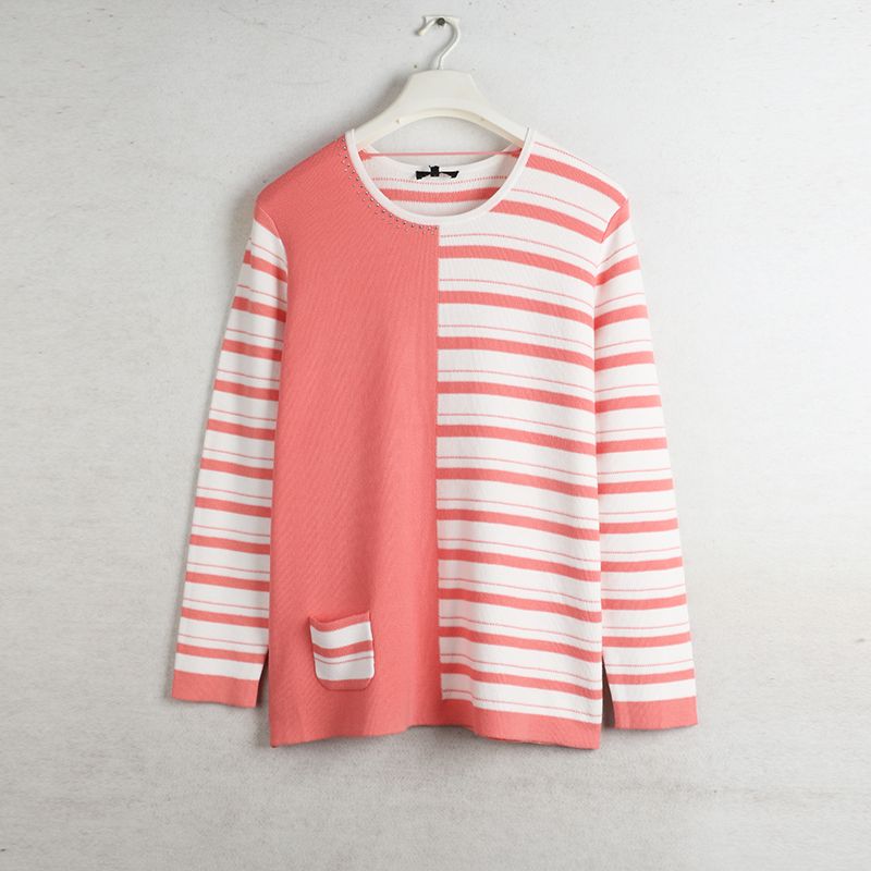 

House Spring New Arrival Export European and American plus Size Women s Clothes round Neck Pullover Stripe Knitwear Lightweight Sweater Mid-Length Pink Bust size 124