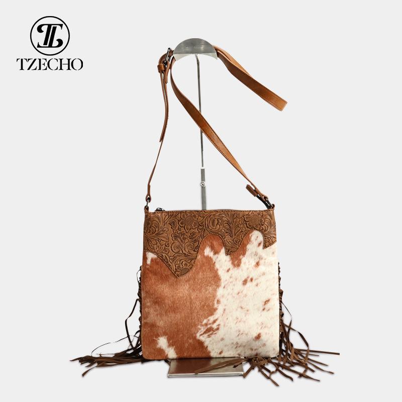 Bohemian New Retro Embossed Small Square Bag, Horsehair Crossbody Bag, PU Cross-border Shoulder Bag, Tassel Women s Bag коричневый