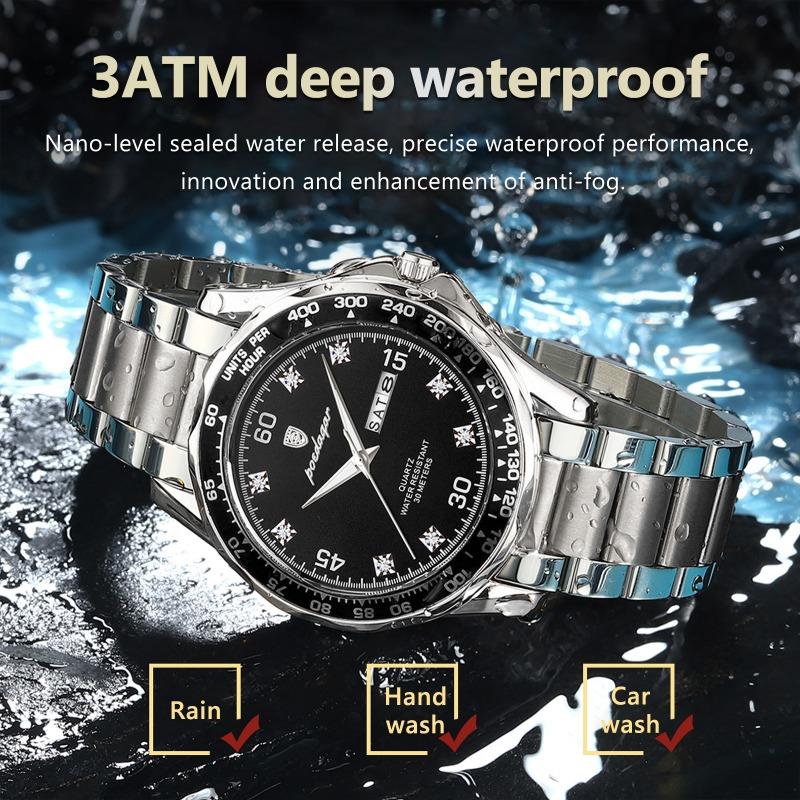 POEDAGAR Fashion Luxury Man Clock Waterproof Luminous Date Week Wristwatch Stainless Steel Quartz Business Watches for Men