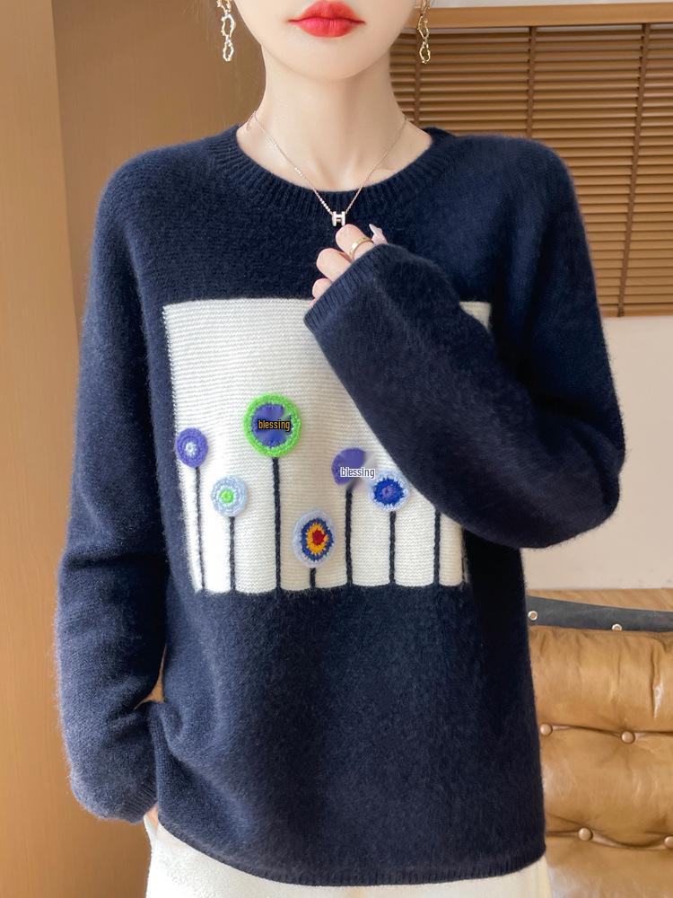 Women's 3D Embroidered Crochet Wool Sweater, Round Neck Autumn/Winter Pullover, Warm & Age-Reducing Layer