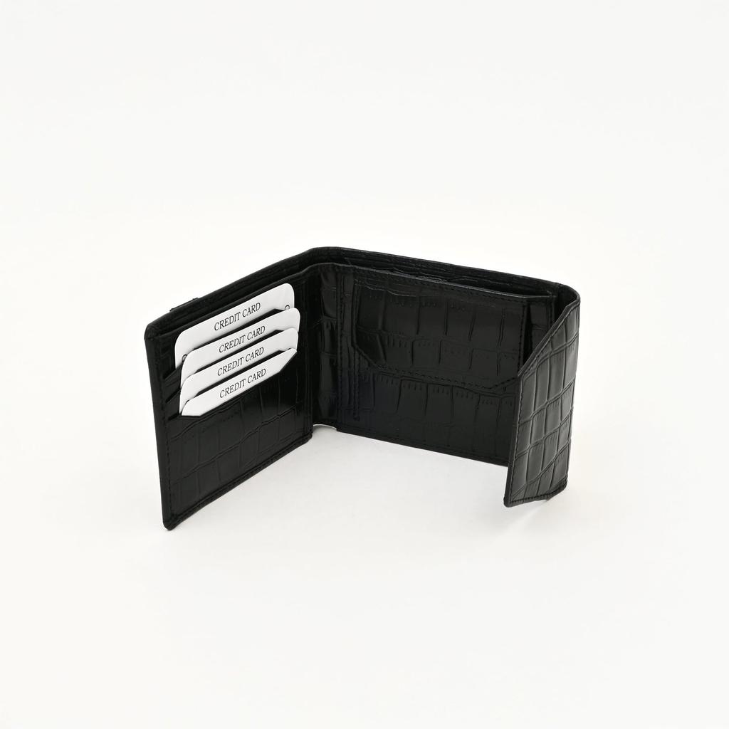 Men's Leather Wallet 3S Scrblk -Premium Black Croc Look Napa Leather Wallet with Coin Pocket & 6 Card Slots - Elegant Slim Bifold Wallet