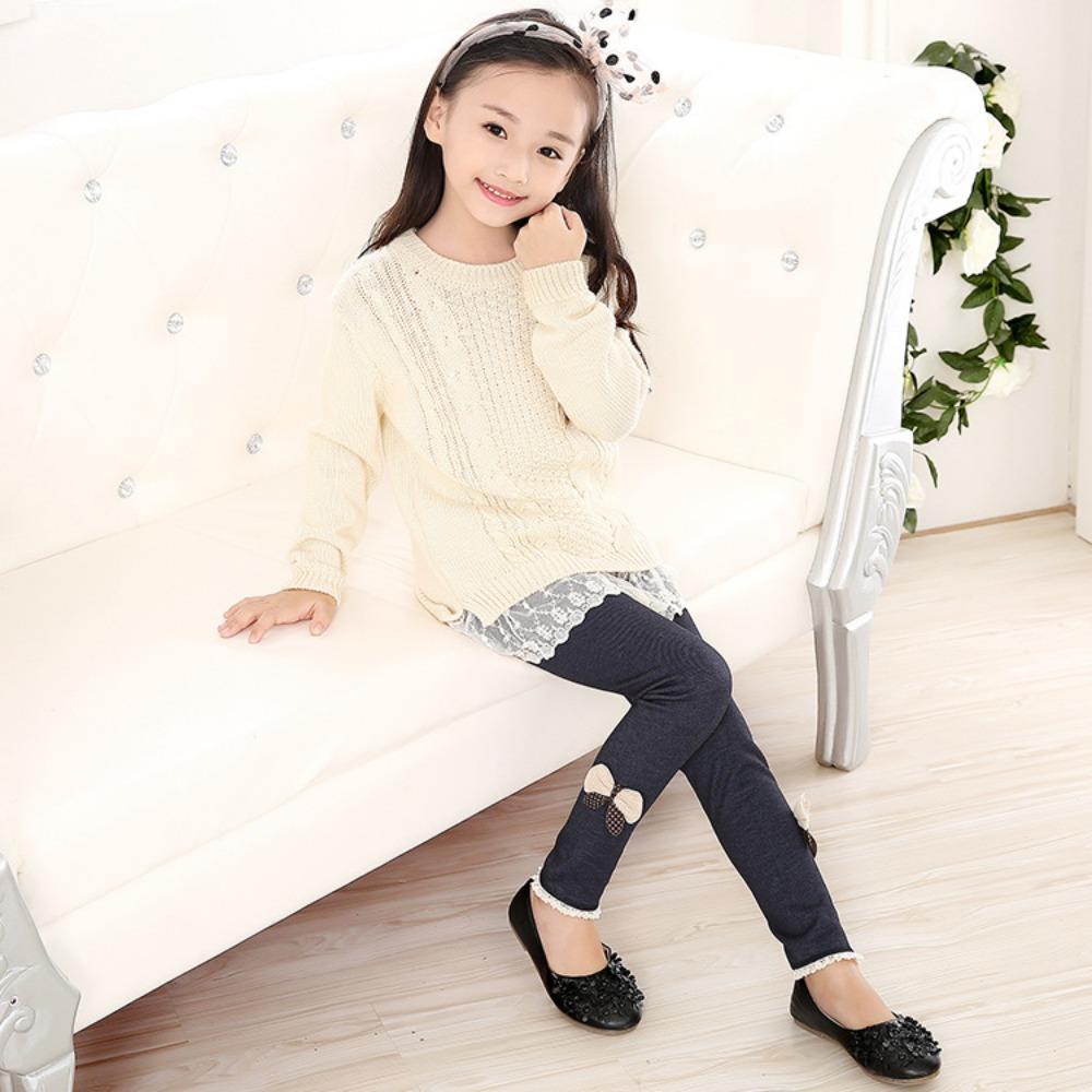 Girls' Cute Bow Denim Leggings with Fleece Lining - Thickened Warm Casual Long Pants Fall/Winter Pants