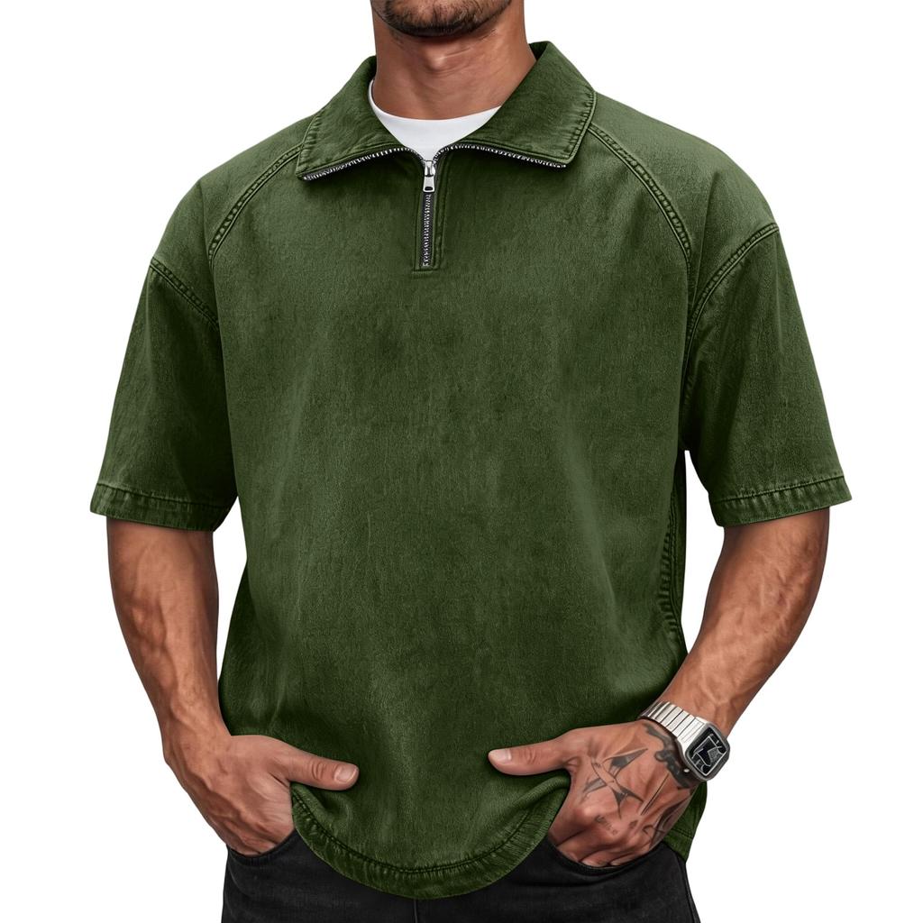 Men's Casual American Style Washed Cotton Vintage Short Sleeve Fitted Polo Shirt with Zip Collar Retro Trendy Design Comfortable Fit