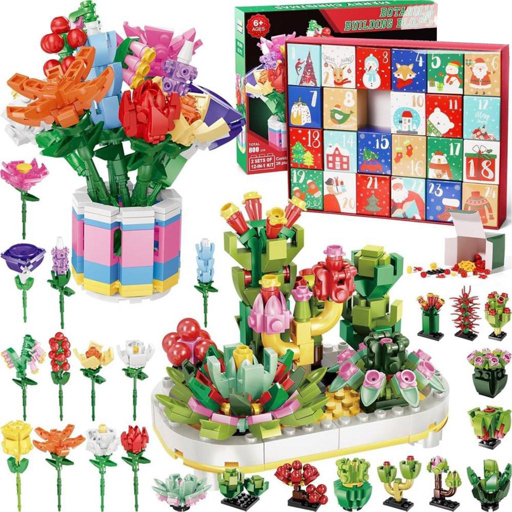 2025 Christmas Arrival Calendar Flower Building Block 24-day Christmas Countdown Diy Flower Bouquet Decor Holiday New Year Gifts