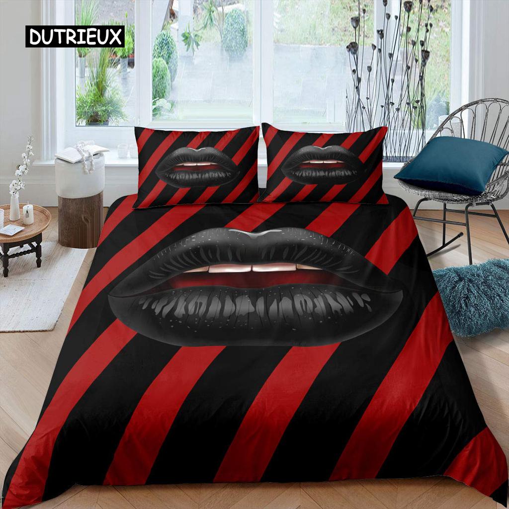 Lip Duvet Cover Pink and Gray Lips Kissing Pattern Comforter Cover Sexy Theme King Size Twin Bedding Set for Women Girls Lovers