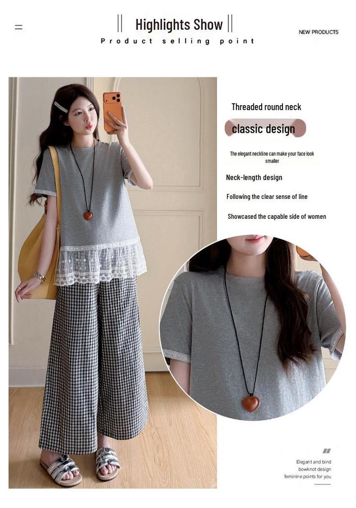 2026 Summer Maternity Casual Two-Piece Set: Korean Patchwork T-shirt + Plaid Wide-Leg Pants