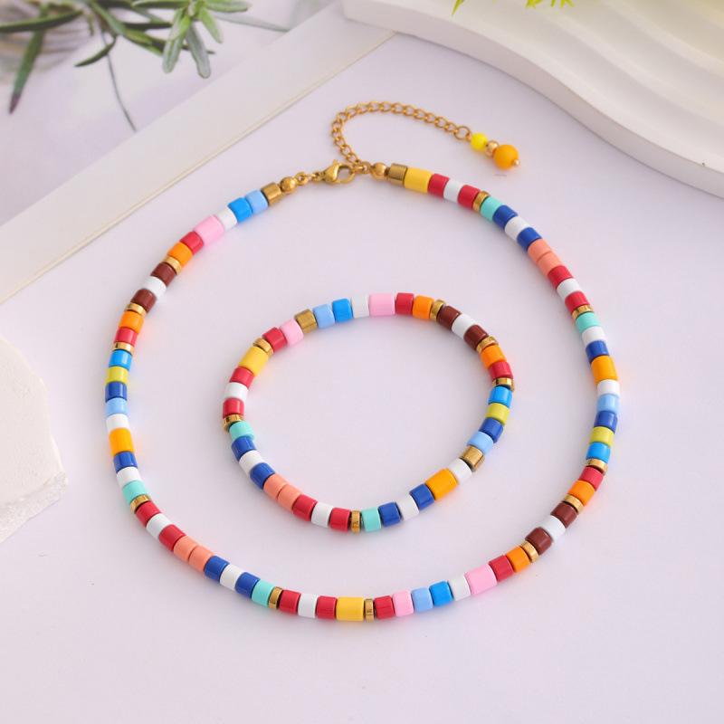 Trendy New Arrival Alloy Colorful Beaded Collarbone Necklace Beaded Chain Bracelet Jewelry Set for Women