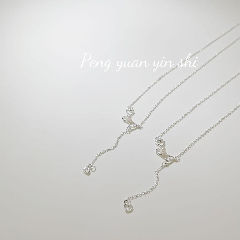 Sterling Silver S925 Heart-to-Heart Pearl Tassel Necklace, for Women - Sweet, High-End Clavicle Chain Design