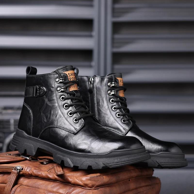 British Style Outdoor Sneakers Casual Ankle Boots for Men Genuine Leather Boots Comfortable Flat High Top Lace Up Fashion Male