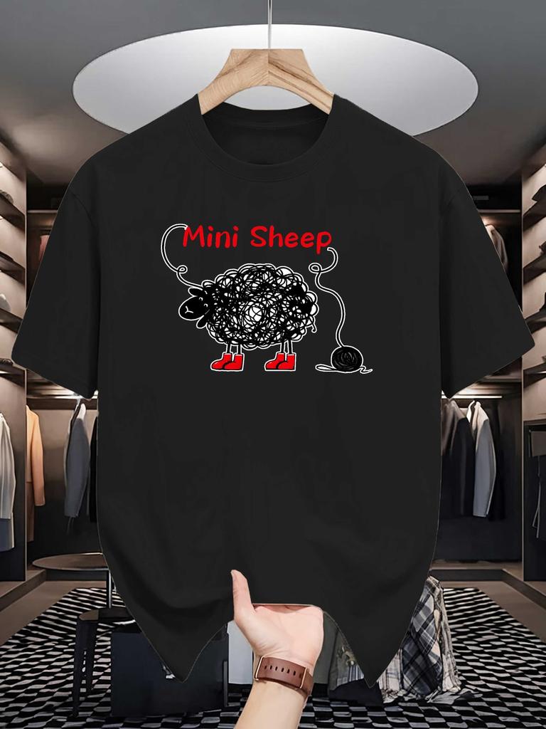 Unisex White Tee Doodle Mini Sheep Yarn Letter Cartoon Graphic Print Crew Neck Short Sleeve Summer Casual Male Cotton Street Top
