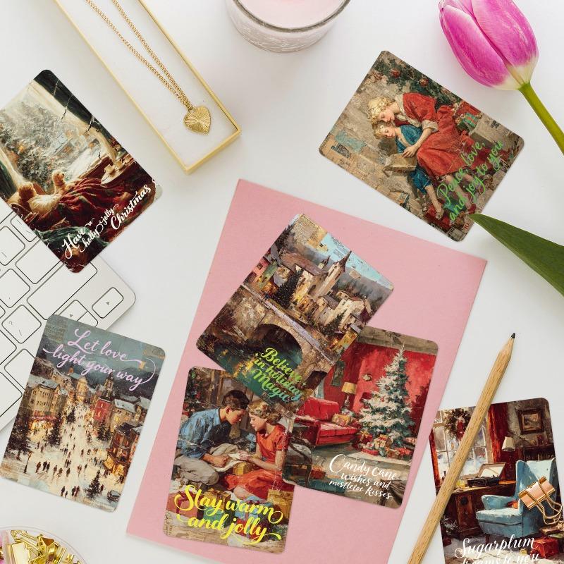 50-PCS Vintage Style Illustrated Christmas Cards with Typography Design, Creative Art Greeting Cards for Holiday Wishes