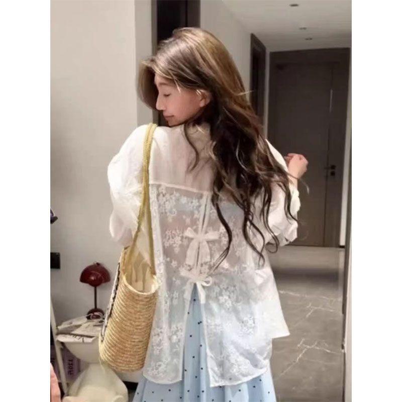 women lace back bow-tie blouse puff sleeve collared sheer casual loose fit sun protection shirt S белый