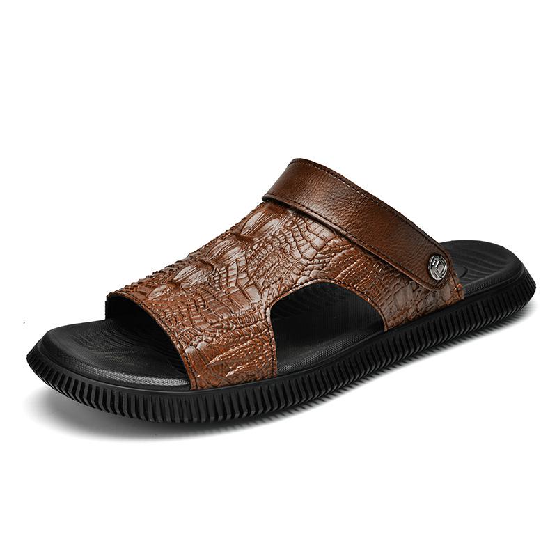 Men s Two-Way Open-Toe Cowhide Sandals: Cross-Strap Crocodile Pattern, Summer Outdoor Beach Half-Slippers 43 коричневый