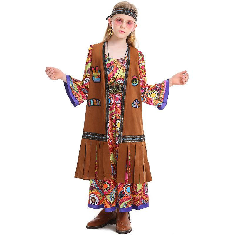 Kinder Mädchen Retro 70er Hippie Disco Sängerin Tänzerin Primitiver Stamm Blumenkleid Weste Set Land Halloween Cosplay Kostüme Outfit