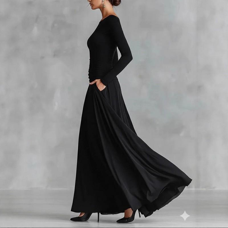 2025 Cross-Season Elegant Women's Solid Color Boat Neck Dress - Slimming Waist-Cinched Autumn/Winter New Arrival