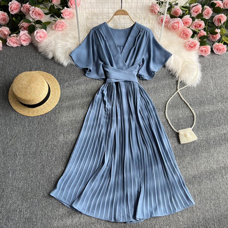 

YYFS Женская мода лето весна однотонный принт короткий рукав V-образный вырез высокая талия повседневные платья One size синий