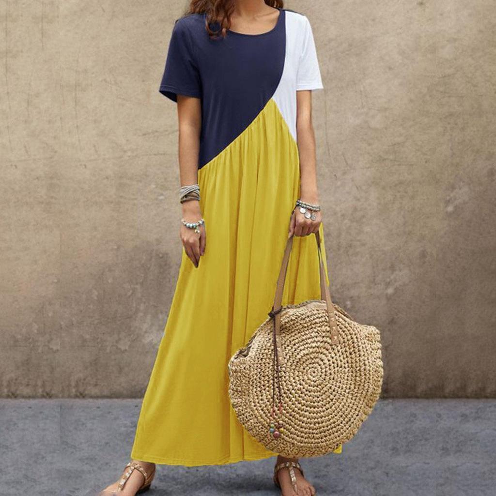 Women Dresses Long Maxi Dresses for Women Vestidos Casual Dress Beach Patchwork Color Short Sleeve Loose Casual Plus Size Dress