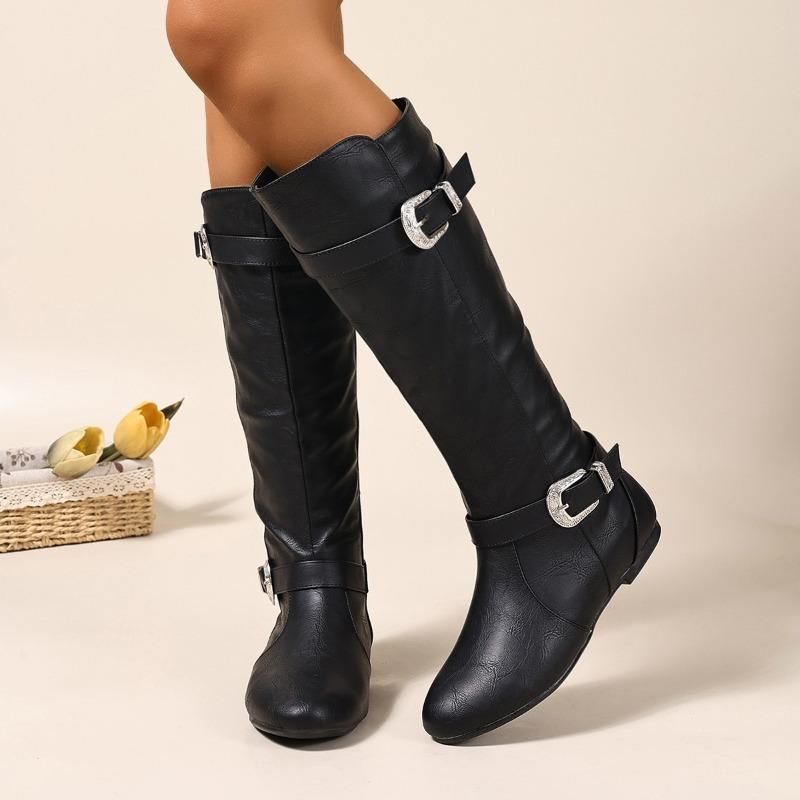 Fashion Metal Buckle Flat Single Boots Autumn New Round Toe Side Zipper Soft Sole Anti-Slip Wear-Resistant Tall Boots