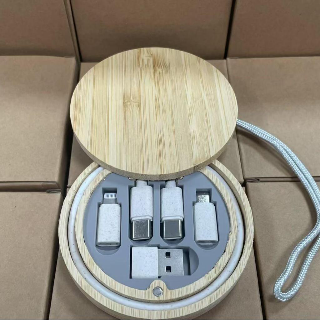 Biodegradable Bamboo & Wood Multifunctional Storage Box with 60W Charging & Data Cable Organization, Six-In-One.