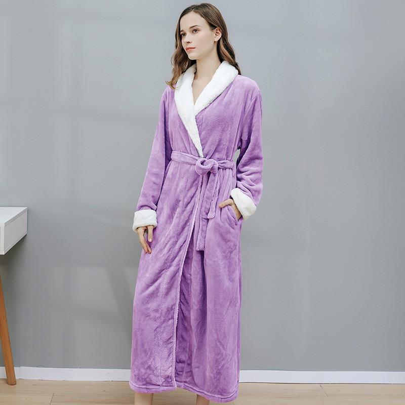 Flannel Nightgown Women Men's Winter Plus Size Bathrobe Thicken Warm Couples Lovers Long Sleepwear Robe with Belt