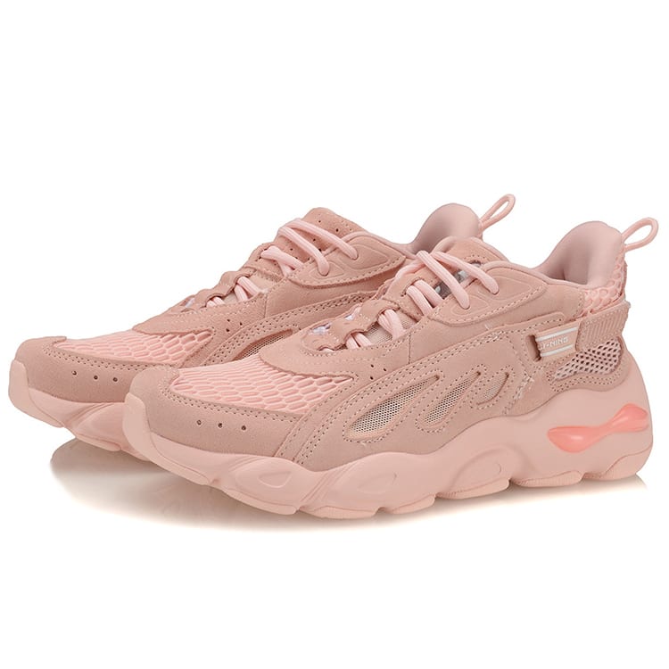 Li Ning Butterfly Textile, Synthetic Leather Slip Resistant Abrasion Resistant Low top Chunky Sneakers Women's Pink AGLP104-2