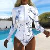 Women Long Sleeve One Piece Swimsuit Zip Front  Tie-dye Print Rash Guard Surfing Bathing Suit