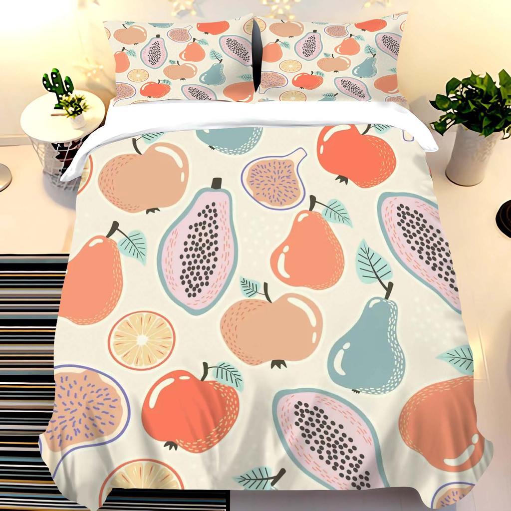 Cartoon All-Over Fruit Pattern Duvet Cover Set, HD Digital Print, Zipper Closure, 135x200cm Bedding Decor